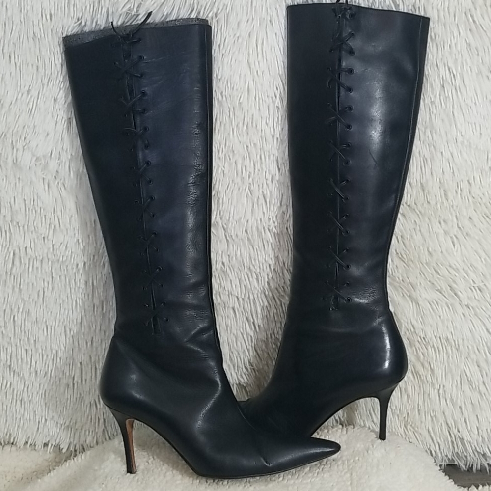 Manolos Blahnik leather knee high boots lace up - Picture 10 of 10
